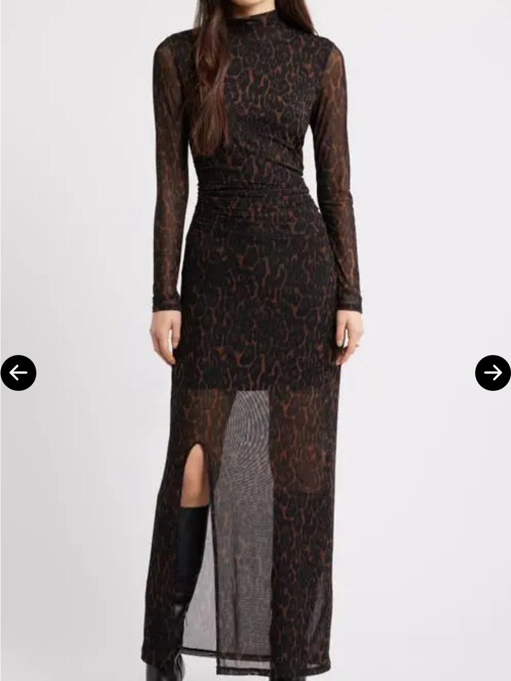 Sheer Black Long-Sleeve Mesh Maxi Dress with Front Slit